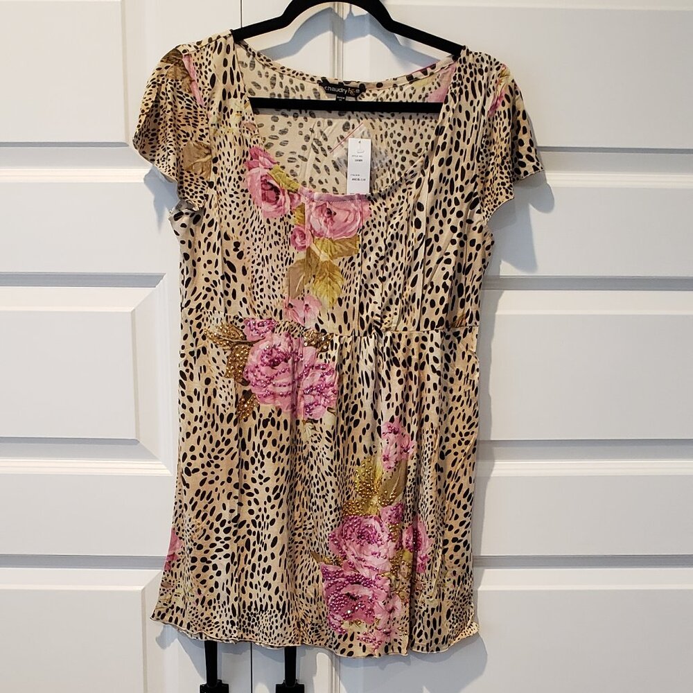 NWT: Chaudry KC Leopard/Rose Print Top Size Medium